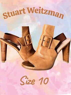 STUART WEITZMAN Sunbelt Buckled Tan Slingback Peeptoe 3.75” Heels